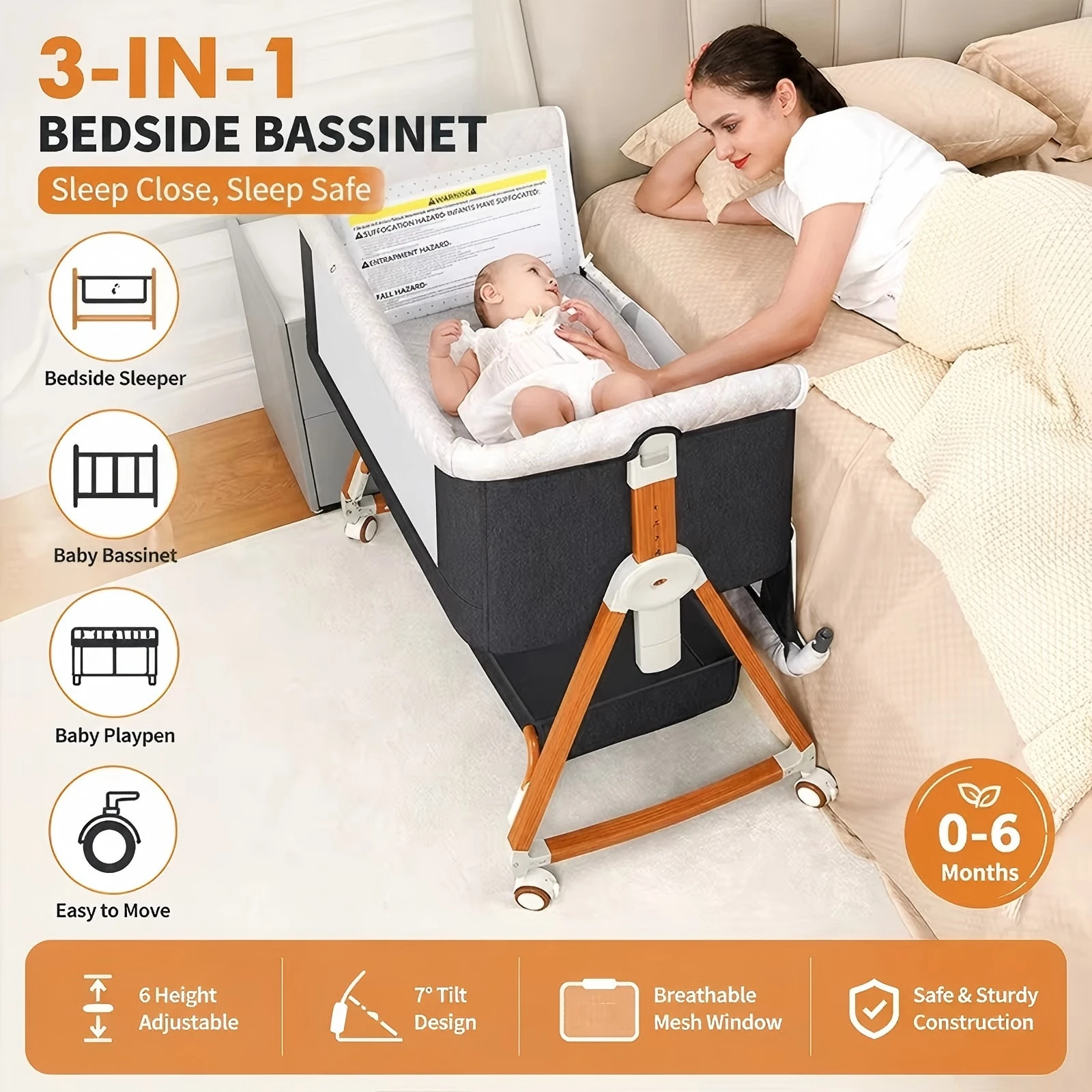 3-in-1 Foldable Baby Crib with Wheels & Rocking - Image 1