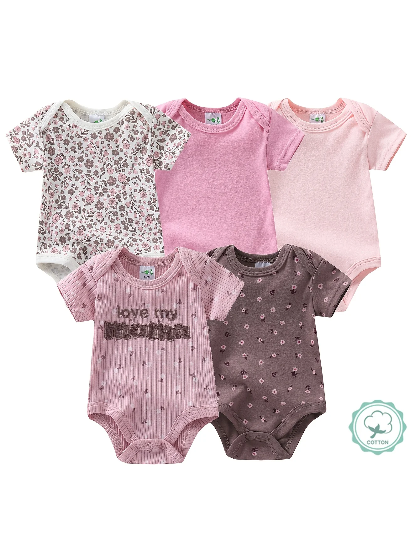 5-Pack Baby Girl Floral Short Sleeve Rompers - Image 1