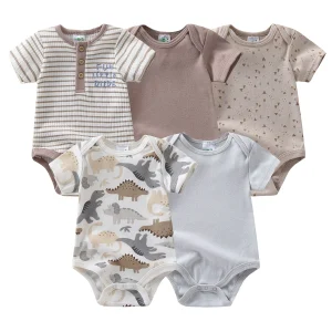 5pcs Newborn Baby Boy Short Sleeve Bodysuits - Thumbnail Image 2