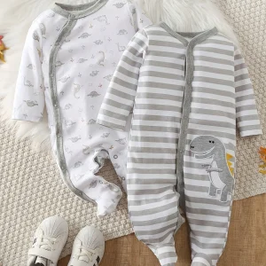 2-Pc Baby Boy Zip Footed Bear Rompers - Thumbnail Image 2