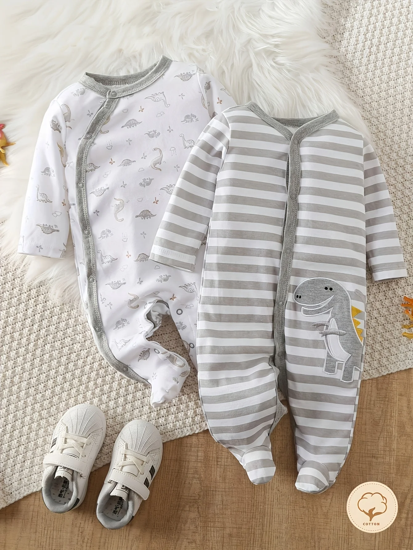 2-Pc Baby Boy Zip Footed Bear Rompers - Image 2