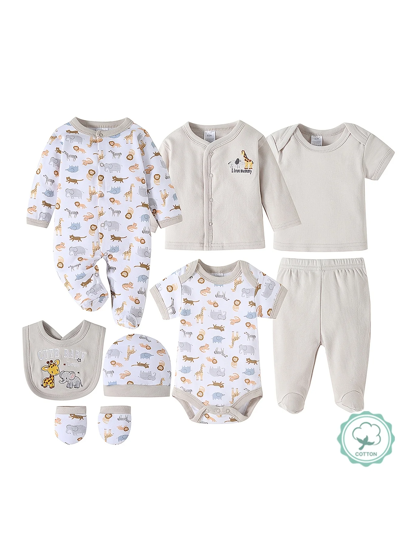 8-Pc Baby Romper Set with Cute Animal Prints - Image 1