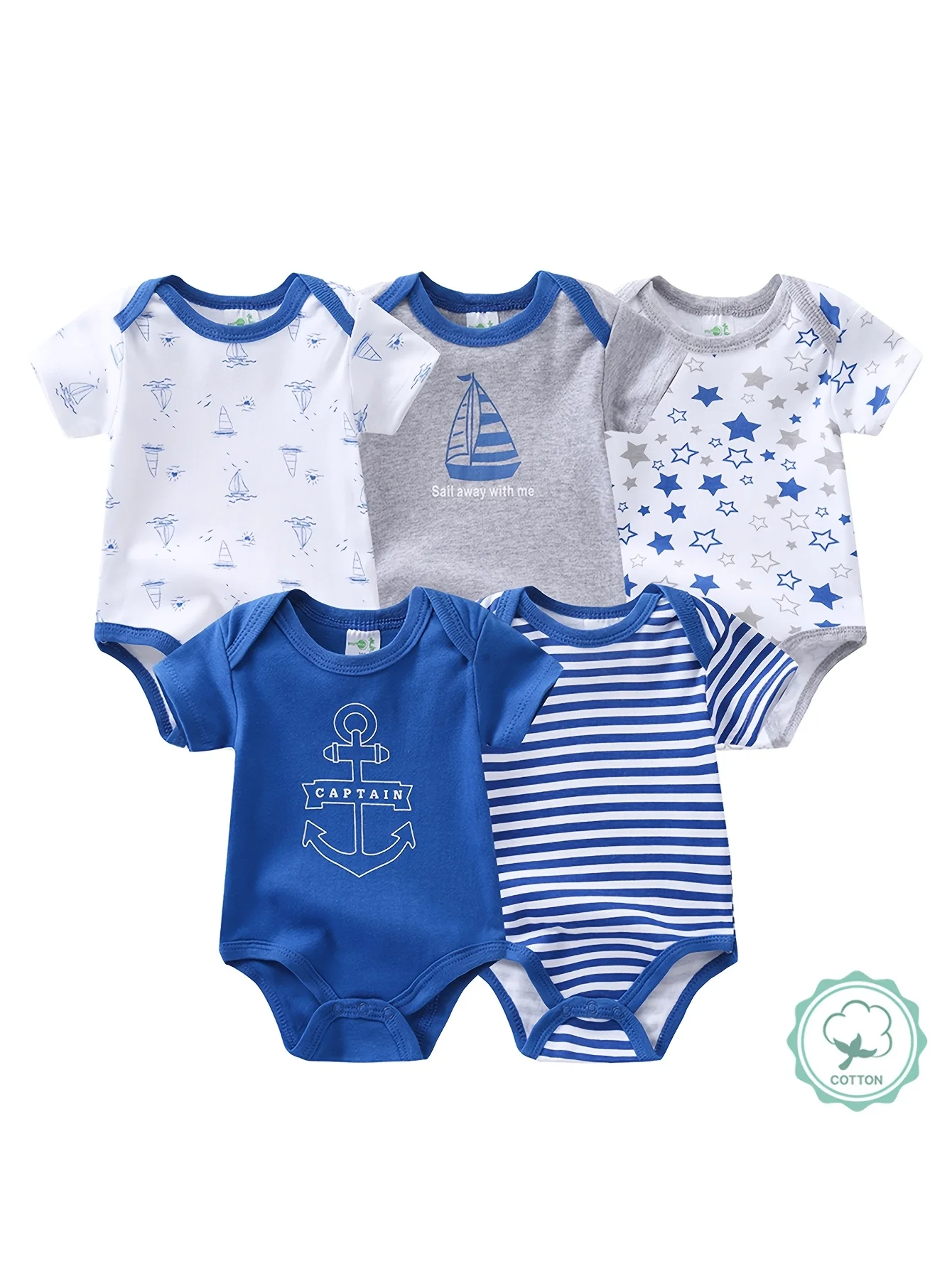 5-Pack Baby Boy Sailboat Short-Sleeve Rompers - Image 2