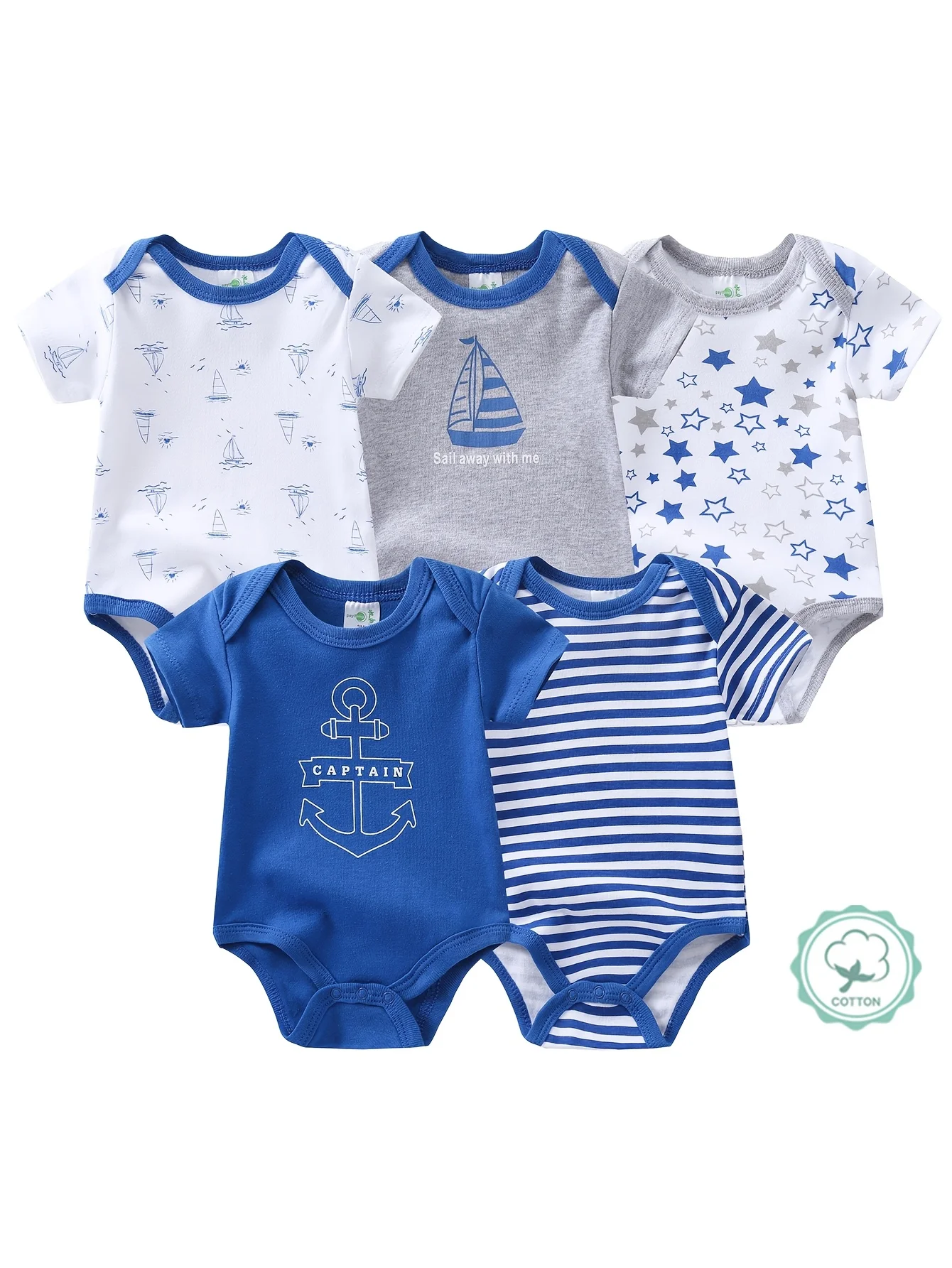 5-Pack Baby Boy Sailboat Short-Sleeve Rompers - Image 1